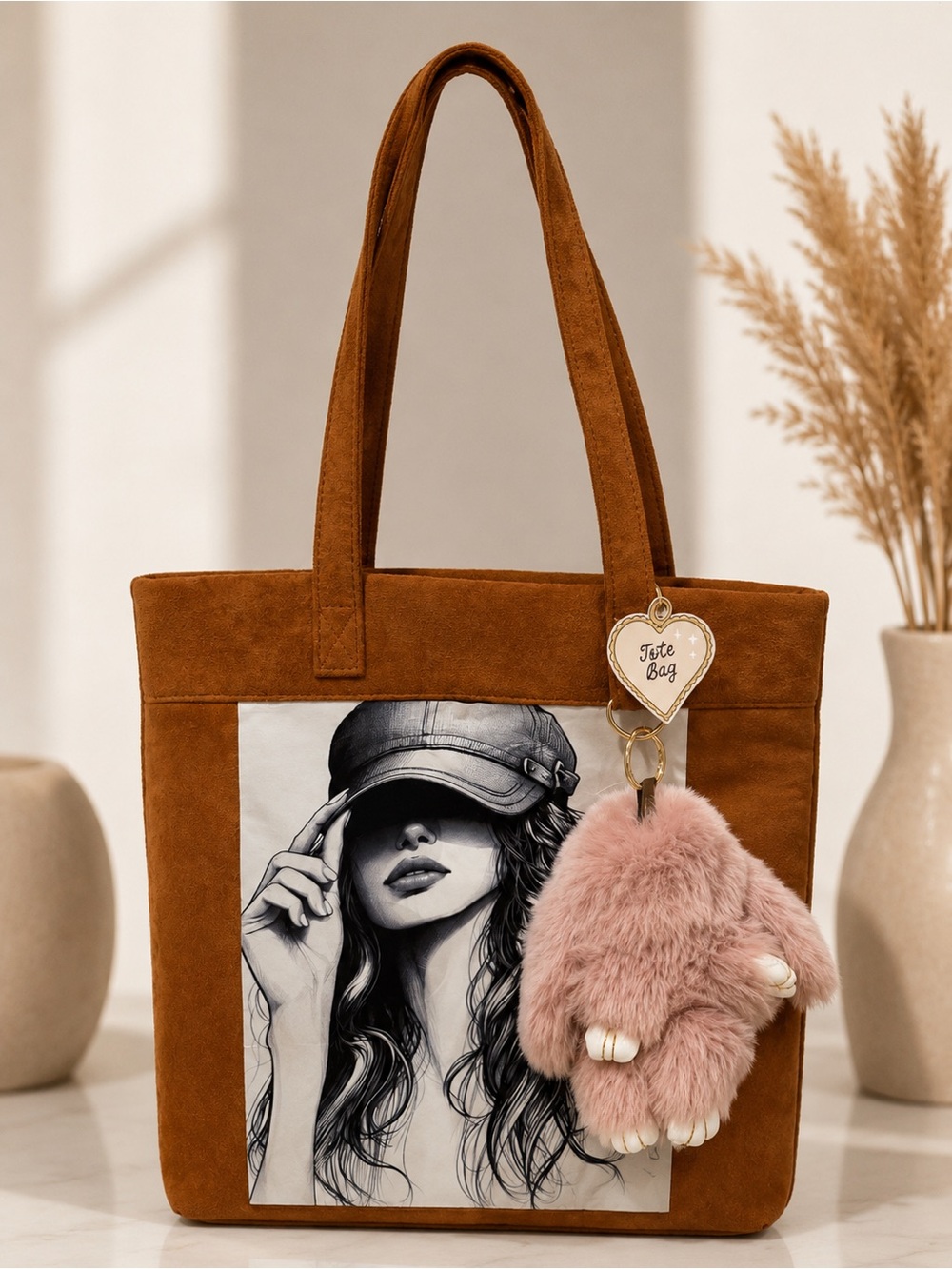 Brown Suede Tote with Graphic Panel and Pink Fur Charm